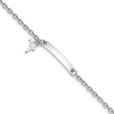 Sterling Silver RH-plated Cross Syn Pearl 5in Plus1in Ext. ID Bracelet